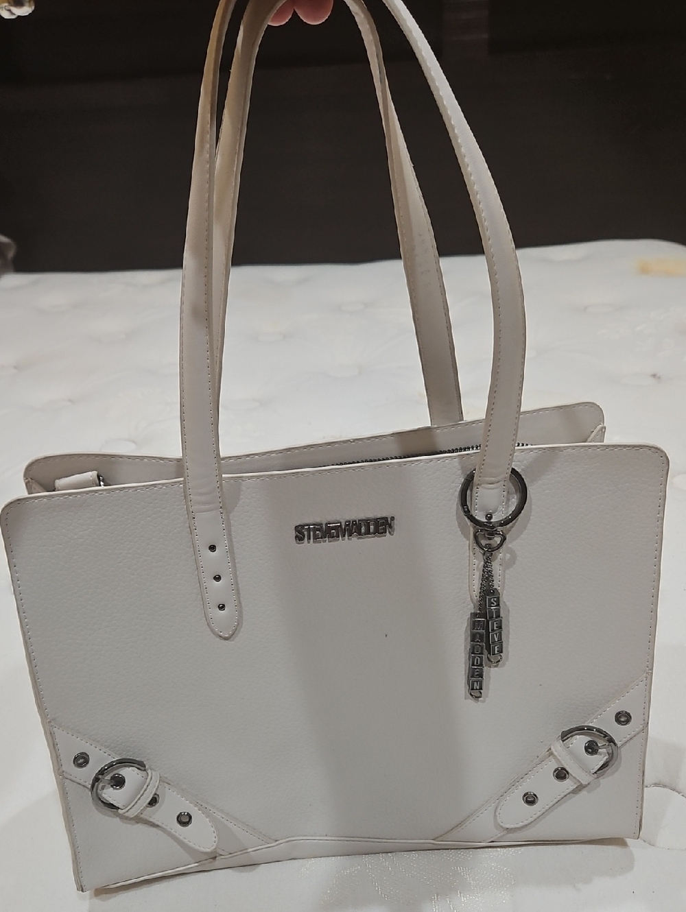 Steve Madden White Leather Structured Tote with Charm